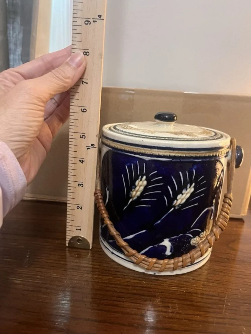 Vintage 1950 Salt Glaze Tobacco Jar Biscuit Japan Bosque Ice Bucket Wheat Wicker